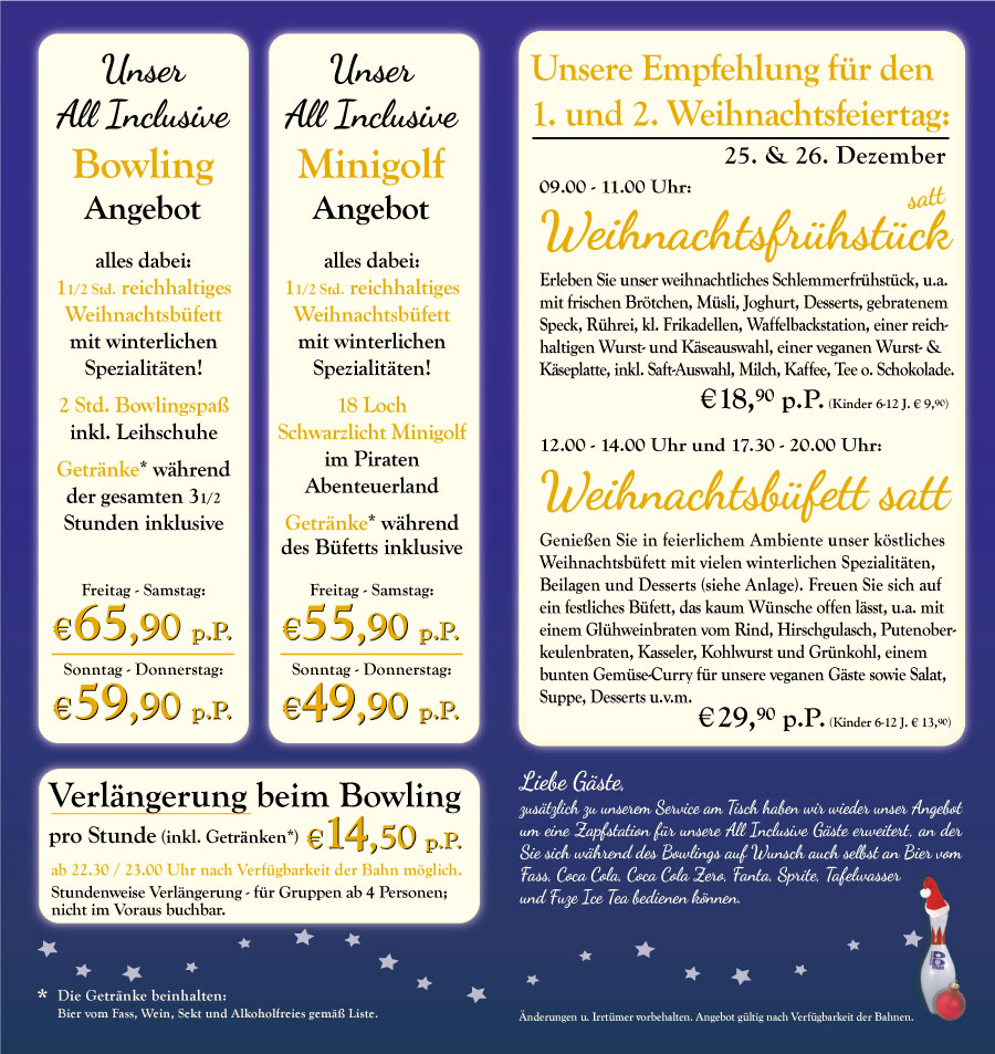 Weihnachtsfeier Angebot in der Erlebniswelt Hülshorst Lübeck mit Bowling Buffet Minigolf und Getränken
